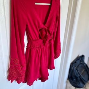 red tie front romper w/ crochet sleeves